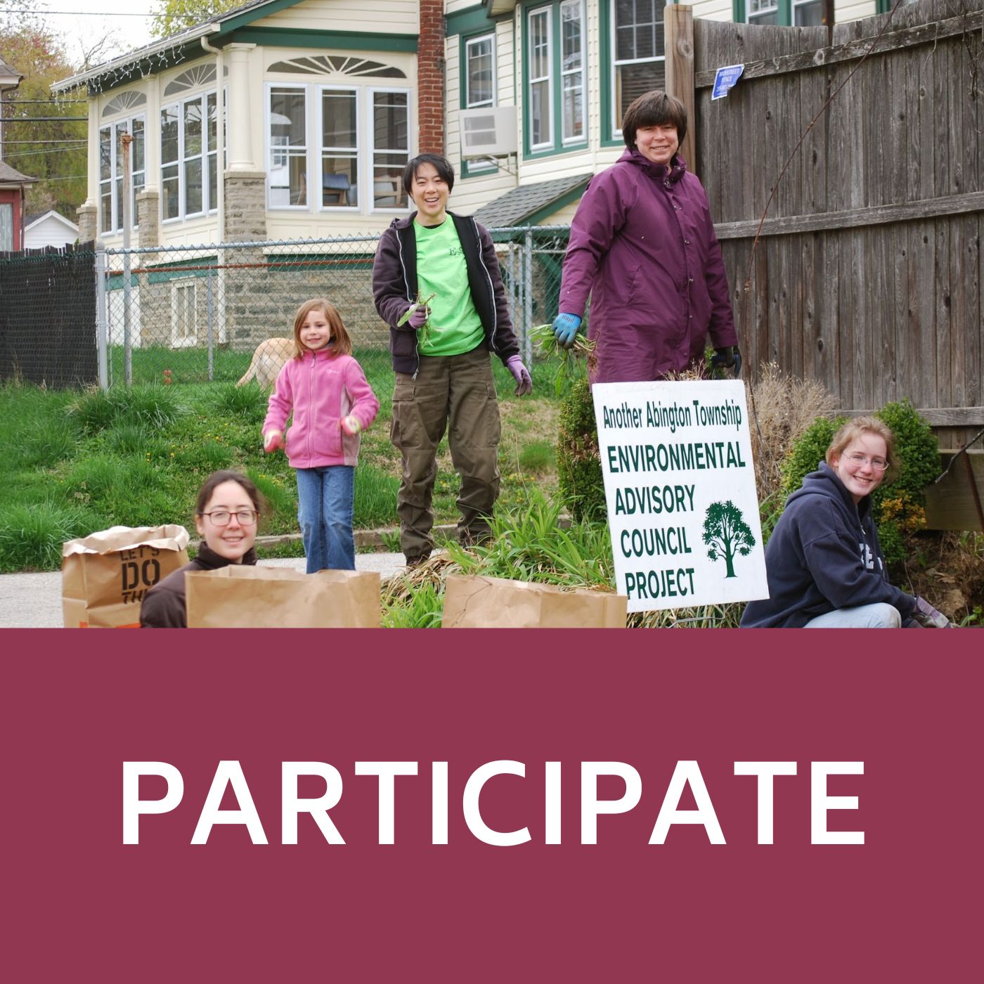 Picture of volunteers doing lawn work that redirects to information about volunteering with the EAC.