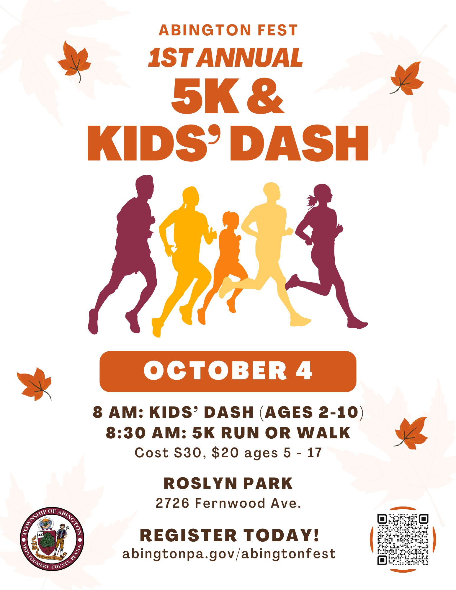 Flyer for Abington Fest 5K and Kids Dash on October 4