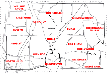 Abington Township Map with neighborhoods labeled. 